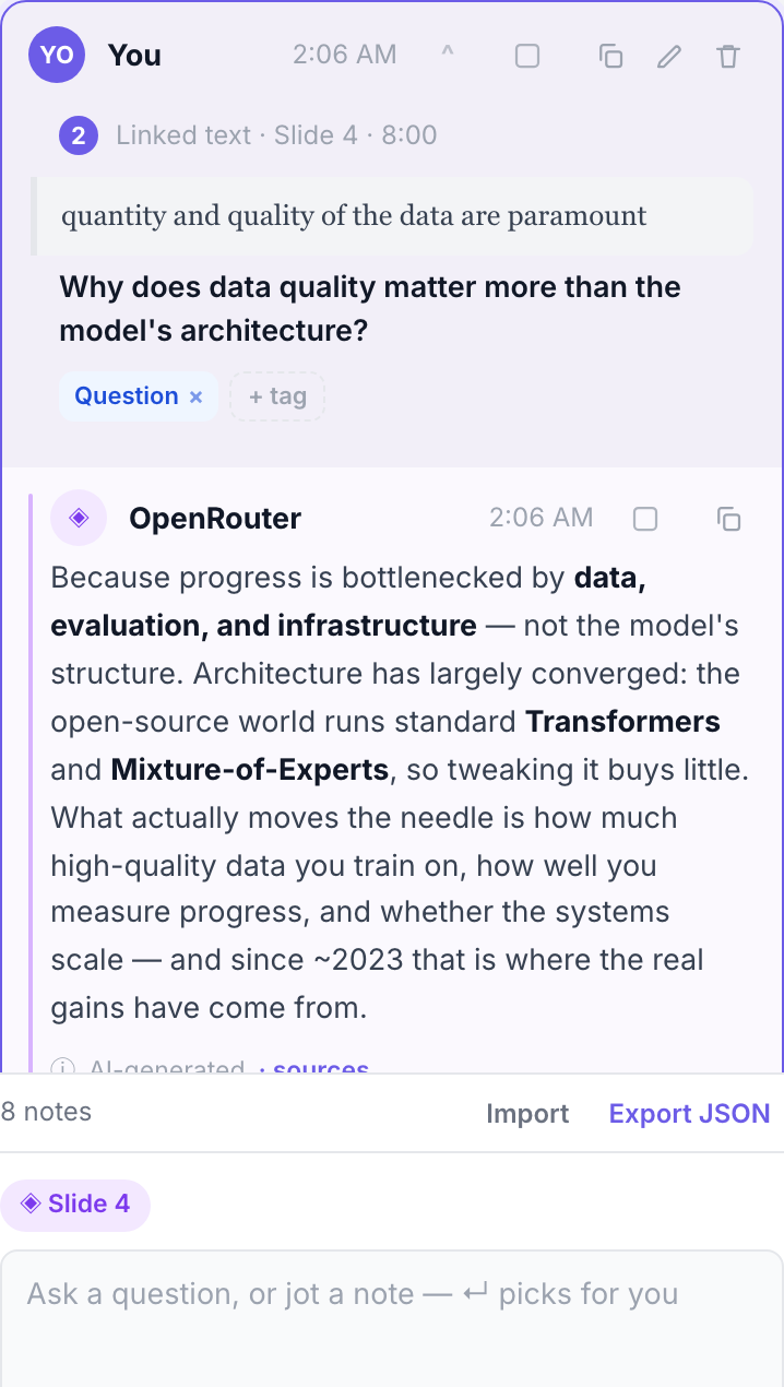 An AI answer card showing the linked text, the question, a tag, and the answer with provenance.