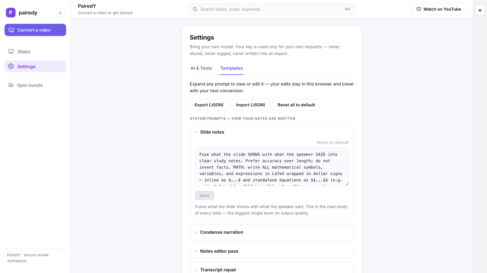 Settings — Templates: an editable system prompt open, with the rest collapsed.